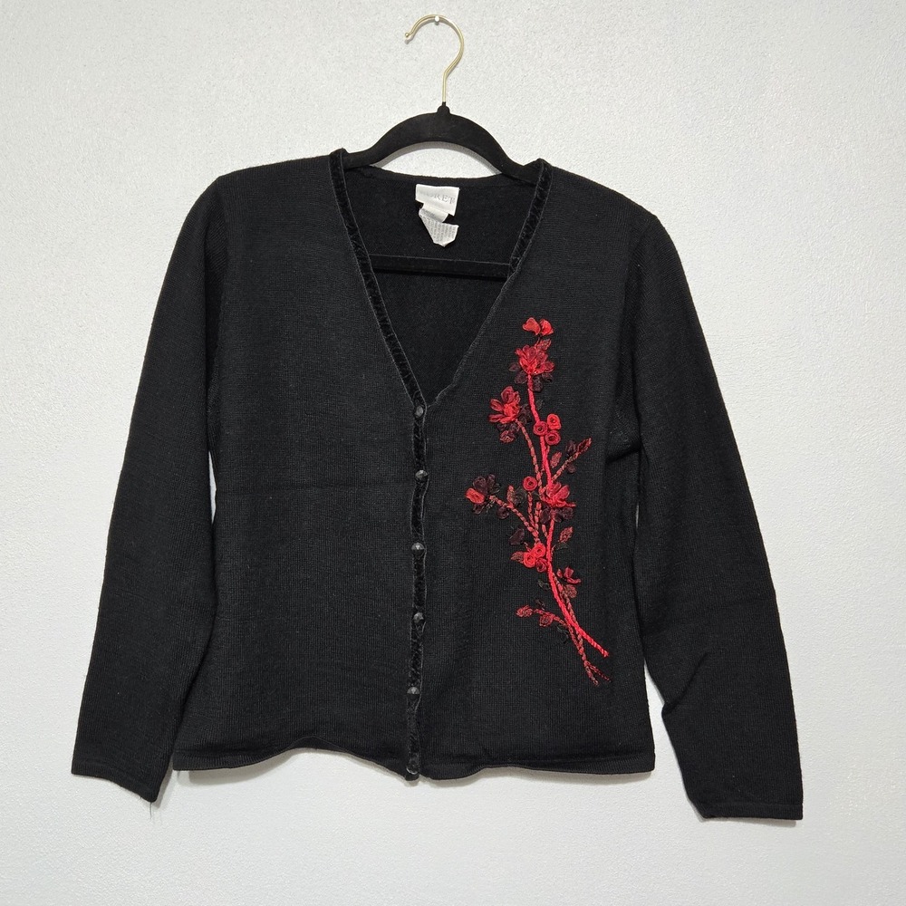 Koret Wool/Acrylic Women's Medium Black Flowers Beads Velvet Trimmed Long Sleeve